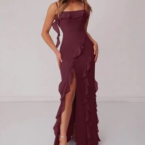 Azazie Burgundy Ruffle Maxi Dress
